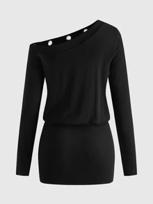 ROMWE Grunge Punk Women's Punk Asymmetrical Shoulder Y2K Rhinestone Bodycon Dress - Black - View 2