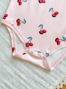 SHEIN Vintaside Kids 3件組 幼兒女嬰連身衣 可愛粉色櫻桃印花 條紋無袖方領 壓扣式 標準版型 舒適休閒 日常夏季女嬰女童裝 - 粉色 - 查看 6