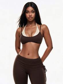 Vadaroq Women's Fall Going Out Sportswear Streetwear Chic Vintage Stretchy Comfortable Halter Patchwork Tops - Brown - View 3