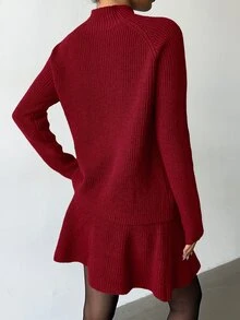Elenzga 女款寬鬆休閒圓領紋理上衣與百褶裙兩件套 - 紅色 - 查看 2