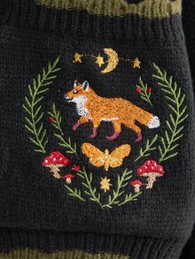 ROMWE Fairycore 花卉刺繡拼接邊飾開襟衫，校園風長袖上衣 - 黑色 - 查看 2