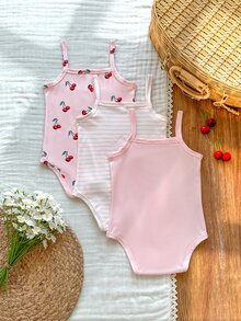 SHEIN Vintaside Kids 3件組 幼兒女嬰連身衣 可愛粉色櫻桃印花 條紋無袖方領 壓扣式 標準版型 舒適休閒 日常夏季女嬰女童裝 - 粉色 - 查看 2