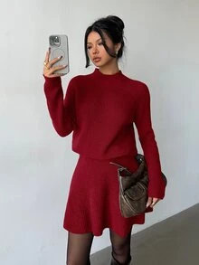 Elenzga 女款寬鬆休閒圓領紋理上衣與百褶裙兩件套 - 紅色 - 查看 3