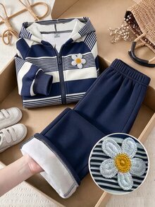 SHEIN 女童 2 件套 秋季/毛茸茸抓絨彈性針織休閒連帽拉鍊運動外套與寬鬆寬腿長褲套裝 7 歲生日棕色 - 藏蓝色 - 查看 4