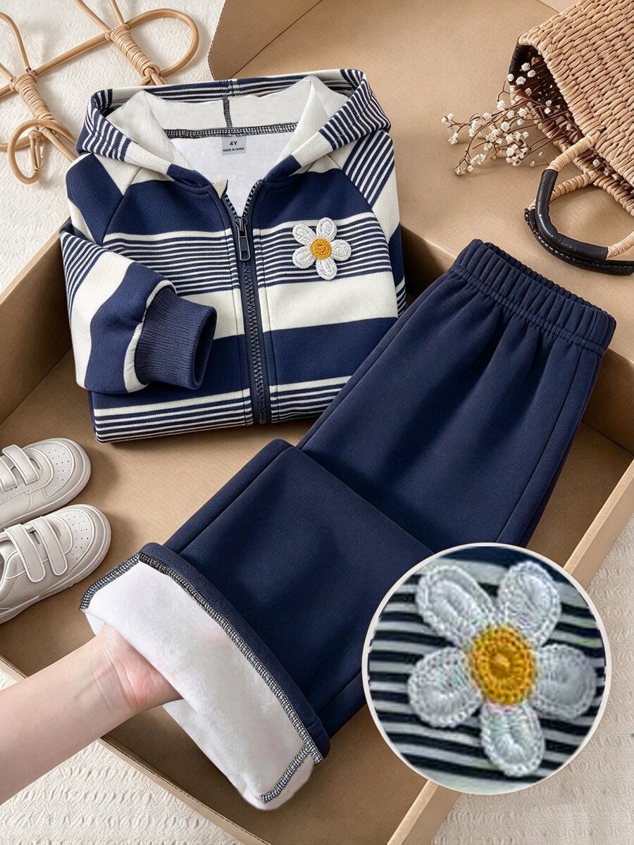 SHEIN Young Girls 2pcs Set Fall/ Fluffy Fleece Elastic Knit Casual Hooded Zip-Up Sweatshirt Jacket And Loose Wide Leg Pants Set 7th Birthday Brown - Navy Blue - View 1
