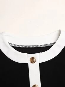 SHEIN Tween女孩秋冬春季休閒正式優雅返校穿搭，黑白對比珍珠鈕扣長袖上衣與直筒長褲2件套，法式優雅套裝 - 黑與白 - 查看 4