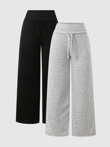SHEIN Tween女孩青少年女孩黑色與淺灰色高腰寬腰帶抽繩休閒長褲2件組，返校季秋冬套裝 - 彩色 - 查看 5
