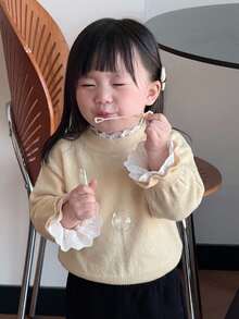 DAZY 女嬰韓式風蕾絲拼接長袖針織衫 2合1 幼兒女童服飾 - 米色 - 查看 1