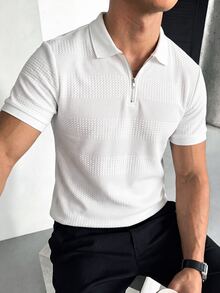 Manfinity Homme 男士泡泡紋半拉鍊 Polo 衫，短袖，奢華翻領，商務休閒，百搭 T-shirt - 白色 - 查看 3