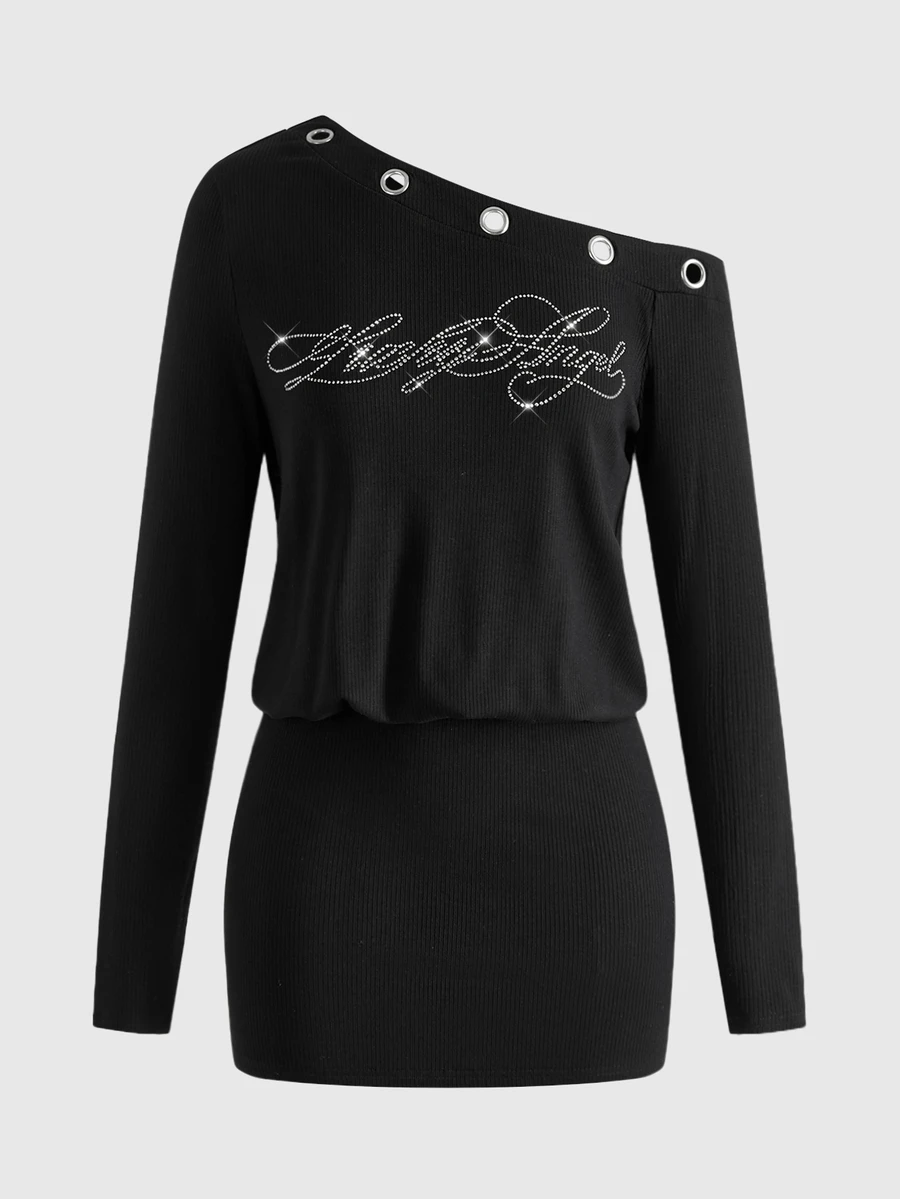 ROMWE Grunge Punk Women's Punk Asymmetrical Shoulder Y2K Rhinestone Bodycon Dress - Black - View 1