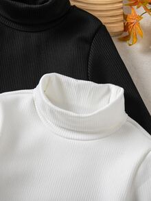 SHEIN 女童隨機 2 件組羅紋針織毛衣 冬季返校長袖套頭上衣 2 件裝 - 黑與白 - 查看 6