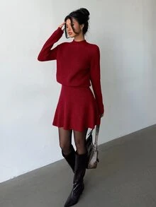 Elenzga 女款寬鬆休閒圓領紋理上衣與百褶裙兩件套 - 紅色 - 查看 6