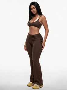 Vadaroq Women's Fall Sportswear Going Out Y2k Chic Stretchy Comfortable Drawstring Brown Petite Bell Bottoms - Brown - View 2