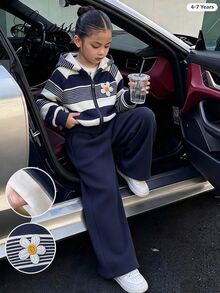 SHEIN 女童 2 件套 秋季/毛茸茸抓絨彈性針織休閒連帽拉鍊運動外套與寬鬆寬腿長褲套裝 7 歲生日棕色 - 藏蓝色 - 查看 1