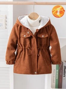 SHEIN Elladie kids 返校季女童幼童冬季新款 2026 復古卡其色燈芯絨面料保暖內裡拉鍊連帽上衣，收腰設計，適合冬季外出與通勤，百搭抓絨時尚外套 - 棕色 - 查看 1