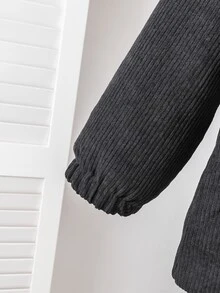 SHEIN Elladie kids 返校季女童幼童冬季新款 2026 復古卡其色燈芯絨布料保暖內裡拉鍊連帽上衣，收腰設計，適合冬季外出與通勤，百搭抓絨時尚夾克 - 黑色 - 查看 6