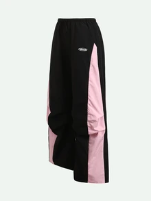 SHEIN Tween女孩粉黑拼色拼接降落傘褲，黑色寬鬆復古街頭風，親子穿搭 - 黑色 - 查看 5