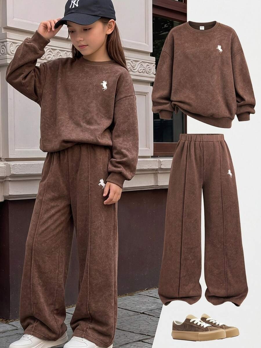 SHEIN Tween女孩可愛圓領運動衫與運動長褲2件套,秋季返校穿搭,休閒穿著 - 棕色 - 查看 1