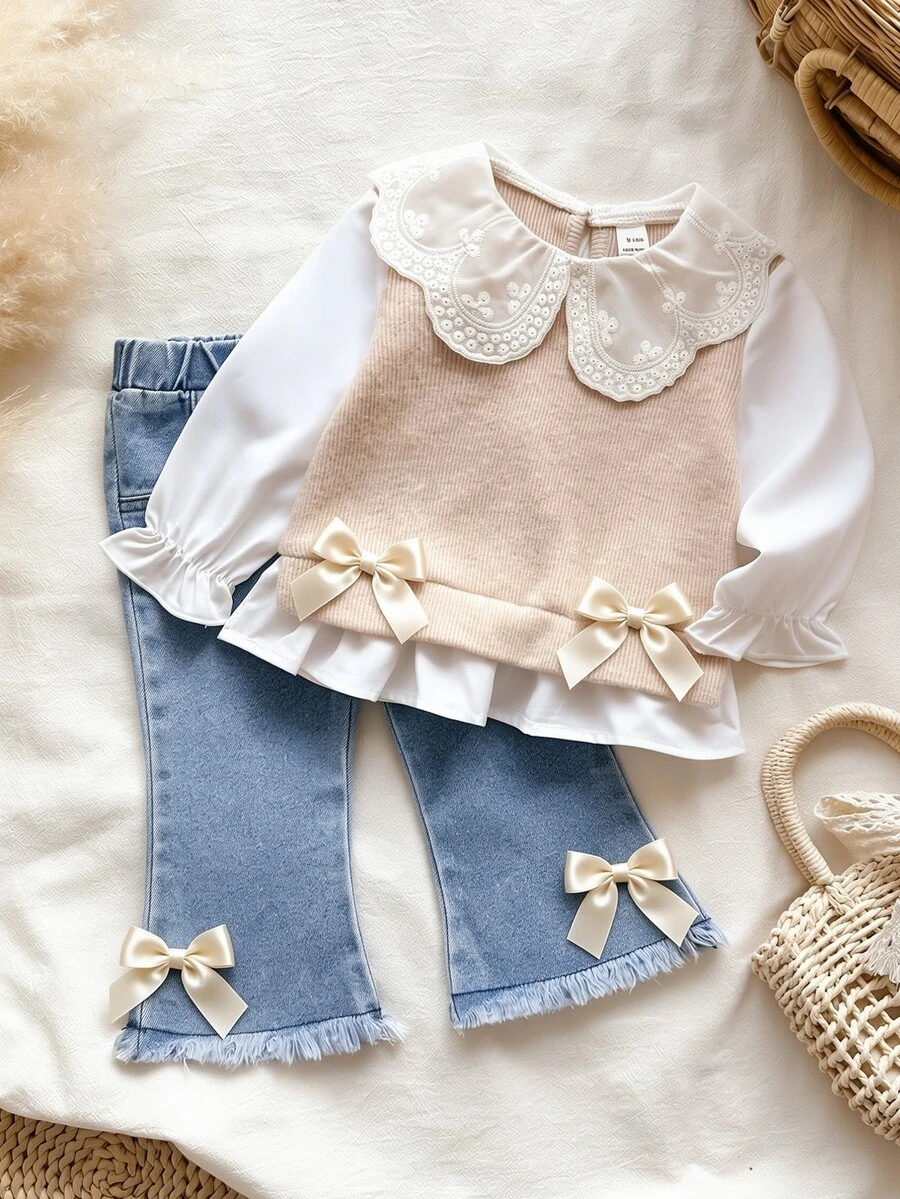 Vintaside Kids 2pcs Toddler Baby Girl Knit Top Flared Denim Pants Cute ...