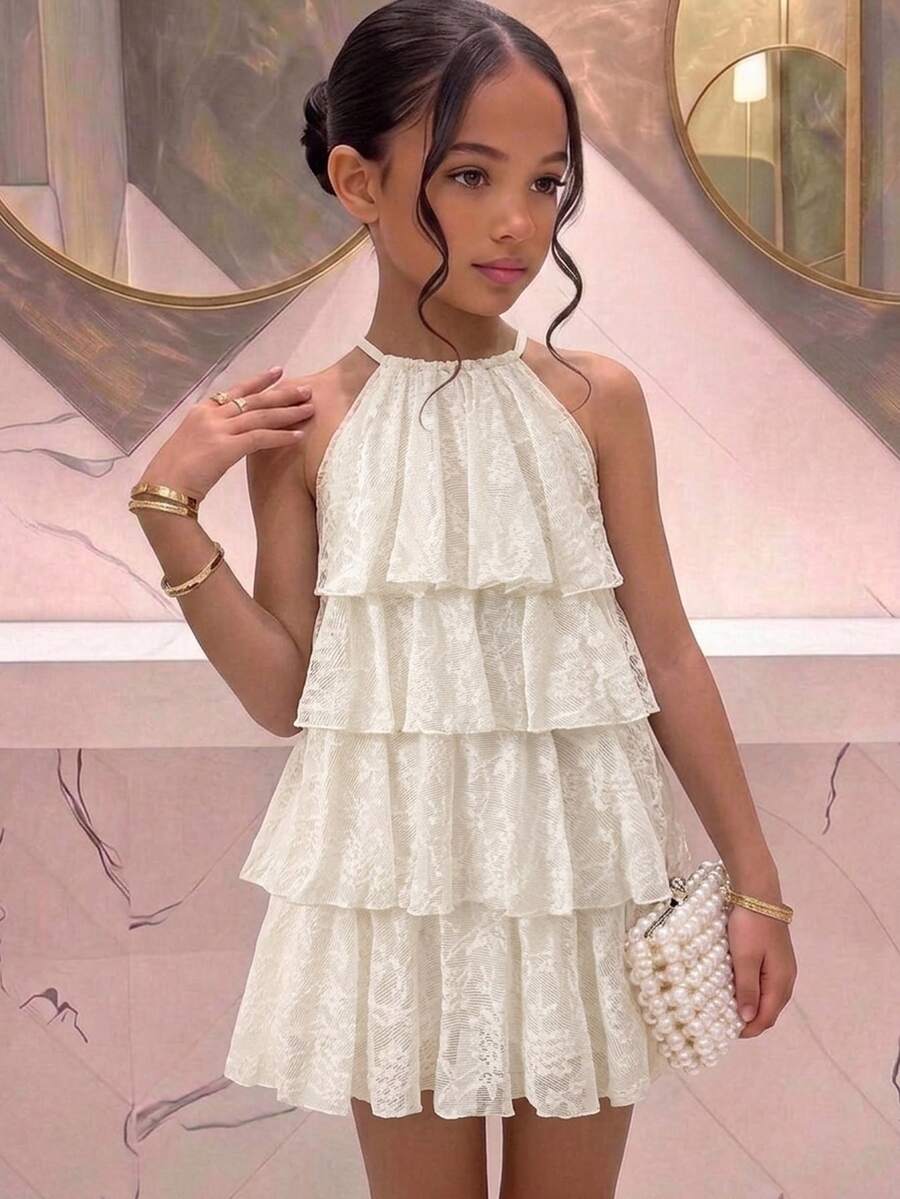 Tween女孩寬鬆版型層次設計純色象牙白針織蕾絲優雅掛脖無袖荷葉邊裙襬中長洋裝 派對洋裝 - 杏色 - 查看 1