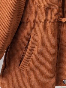 SHEIN Elladie kids 返校季女童幼童冬季新款 2026 復古卡其色燈芯絨面料保暖內裡拉鍊連帽上衣，收腰設計，適合冬季外出與通勤，百搭抓絨時尚外套 - 棕色 - 查看 7