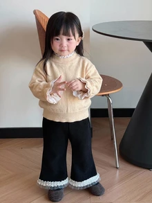 DAZY 女嬰韓式風蕾絲拼接長袖針織衫 2合1 幼兒女童服飾 - 米色 - 查看 2