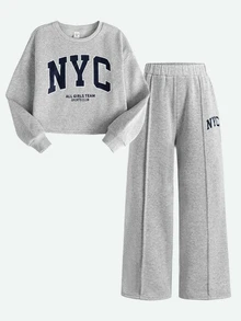 SHEIN Tween女孩2件組兒童保暖運動套裝，大廓形NYC城市印花衛衣與寬腿運動長褲，秋季返校休閒服飾 - 淺灰色 - 查看 4