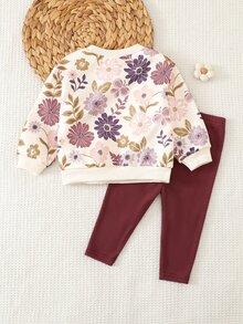SHEIN 女童可愛休閒花卉印花寬鬆長袖加厚套頭運動衫套裝 - 酒紅色 - 查看 3