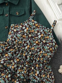SHEIN Vintaside Kids 女童燈芯絨夾克與花卉細肩帶生日洋裝2件套，翻領燈芯絨短版長袖夾克搭配內層花卉細肩帶洋裝 - 綠色 - 查看 3