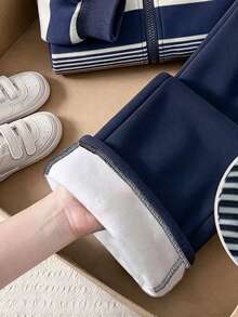 SHEIN 女童 2 件套 秋季/毛茸茸抓絨彈性針織休閒連帽拉鍊運動外套與寬鬆寬腿長褲套裝 7 歲生日棕色 - 藏蓝色 - 查看 6
