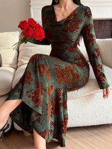 DAZY Women's Jacquard Cowl Neck Long Sleeve Elegant Midi Dress - Army Green - View 4