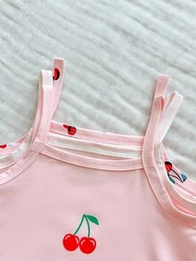 SHEIN Vintaside Kids 3件組 幼兒女嬰連身衣 可愛粉色櫻桃印花 條紋無袖方領 壓扣式 標準版型 舒適休閒 日常夏季女嬰女童裝 - 粉色 - 查看 4