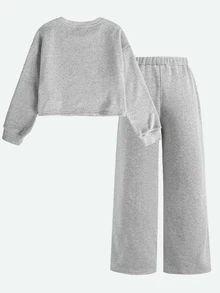 SHEIN Tween女孩2件組兒童保暖運動套裝，大廓形NYC城市印花衛衣與寬腿運動長褲，秋季返校休閒服飾 - 淺灰色 - 查看 3
