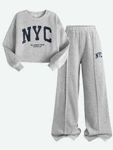 SHEIN Tween女孩2件組兒童保暖運動套裝，大廓形NYC城市印花衛衣與寬腿運動長褲，秋季返校休閒服飾 - 淺灰色 - 查看 2
