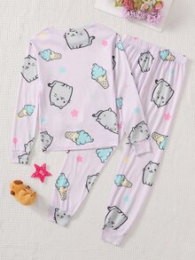 青少年女孩休閒日常百搭舒適修身卡通圖案居家服 - 白色 - 查看 2