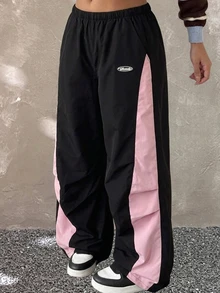 SHEIN Tween女孩粉黑拼色拼接降落傘褲，黑色寬鬆復古街頭風，親子穿搭 - 黑色 - 查看 12