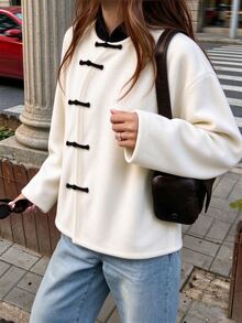 GlowEve Women's Chinese Style Frog Button Contrast Color Lapel Fleece Sweatshirt, Long Sleeve Drop Shoulder Loose Fit Solid Color Fleece Jacket, Suitable For Daily Wear, Commuting, Street, Dating, Gathering, Autumn/Winter Clothing - White - View 1