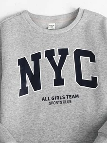 SHEIN Tween女孩2件組兒童保暖運動套裝，大廓形NYC城市印花衛衣與寬腿運動長褲，秋季返校休閒服飾 - 淺灰色 - 查看 6