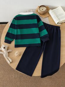SHEIN 2件組男孩POLO套裝，秋冬新款針織羅紋面料舒適休閒日常穿著，柔軟舒適面料 - 綠色 - 查看 3