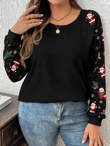 SHEIN VCAY Plus Size Women's Casual Raglan Sleeve Crew Neck Loose Fit T-Shirt Suitable For Spring And Autumn - Multicolor - View 4