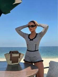 Sirith Women 2pcs Striped Print Deep V-Neck Bow Long Sleeve Cropped Top And Frill Trim Shorts Sweet Fitted Sports Set - Multicolor - View 2