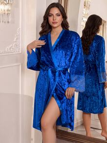 MuseNap CURVE Plus Size Royal Blue Diamond Velvet Robe Women's Pajamas Lace Cuffs Mid-Length Outerwear Morning Robe - Blue - View 4