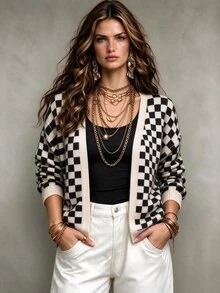 Linhara CURVE كارديجان محبوك كاجوال للنساء بمقاسات كبيرة بنمط رقعة الشطرنج وأكمام طويلة وأكتاف منسدلة - متعدد الألوان - مشاهدة 5