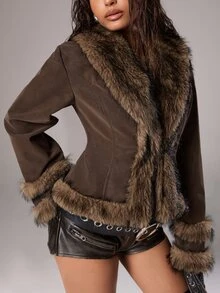 TRNVIE Women's Winter Faux Fur Collar Faux Fur Coat - Coffee Brown - View 6
