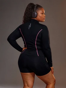 Powerista Women's Plus Size Black & Rose Red Contrast Trim Slim Fit Sports Jacket - Black - View 6