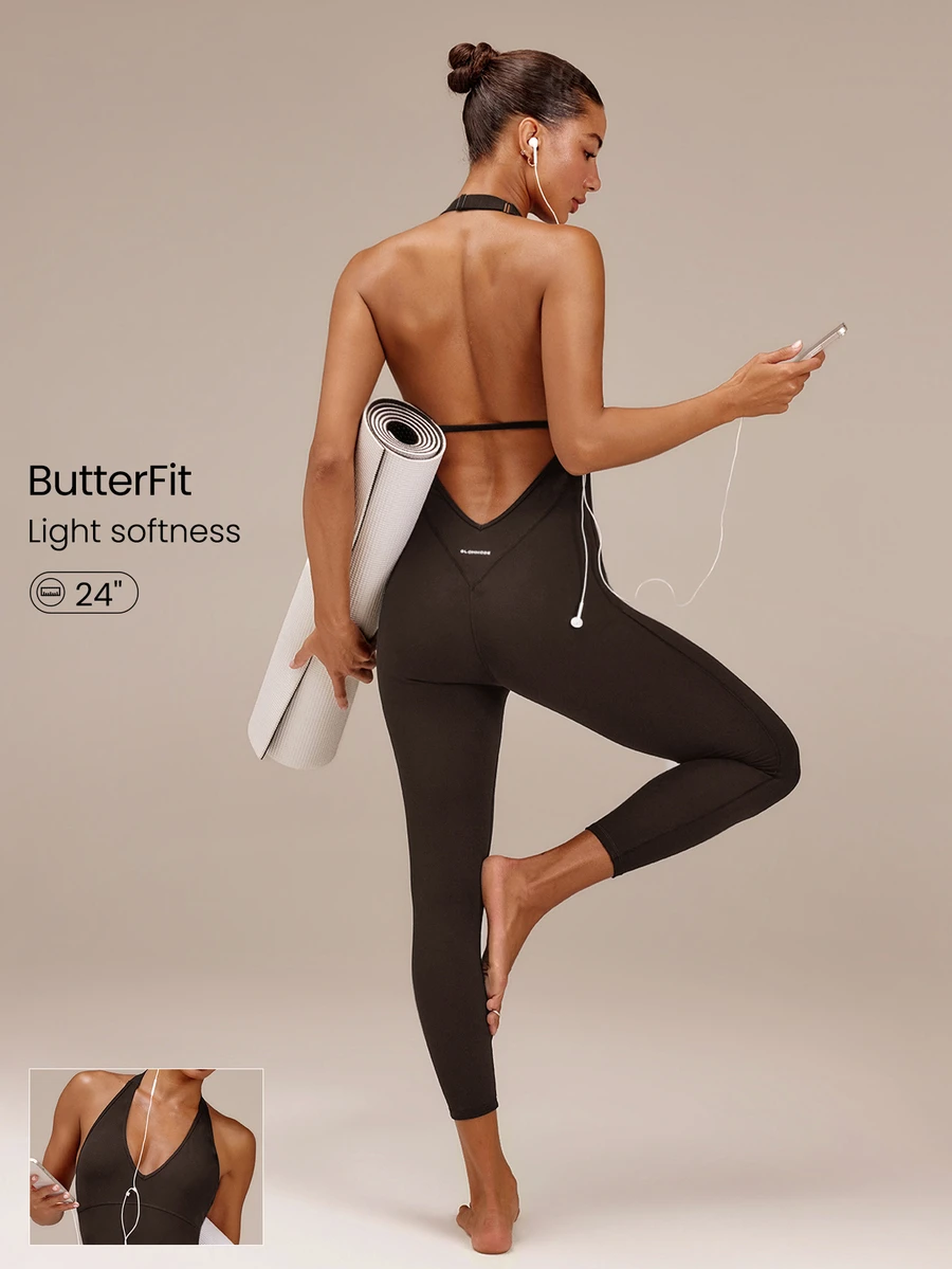 GLOWMODE 24" ButterFit Rep The Glow Adjustable Halter Jumpsuit With Open Back Design & Removable Cups Yoga Pilates Studio Summer Wear - Chocolate Brown - View 1