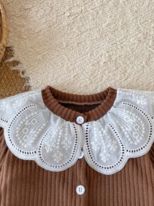 SHEIN 2pcs Toddler Baby Girl Cardigan Jeans Set Brown Solid Knit Ribbed Long Sleeve White Lace Floral Peter Pan Collar Birthday Party Fall Winter Autumn - Chocolate Brown - View 3