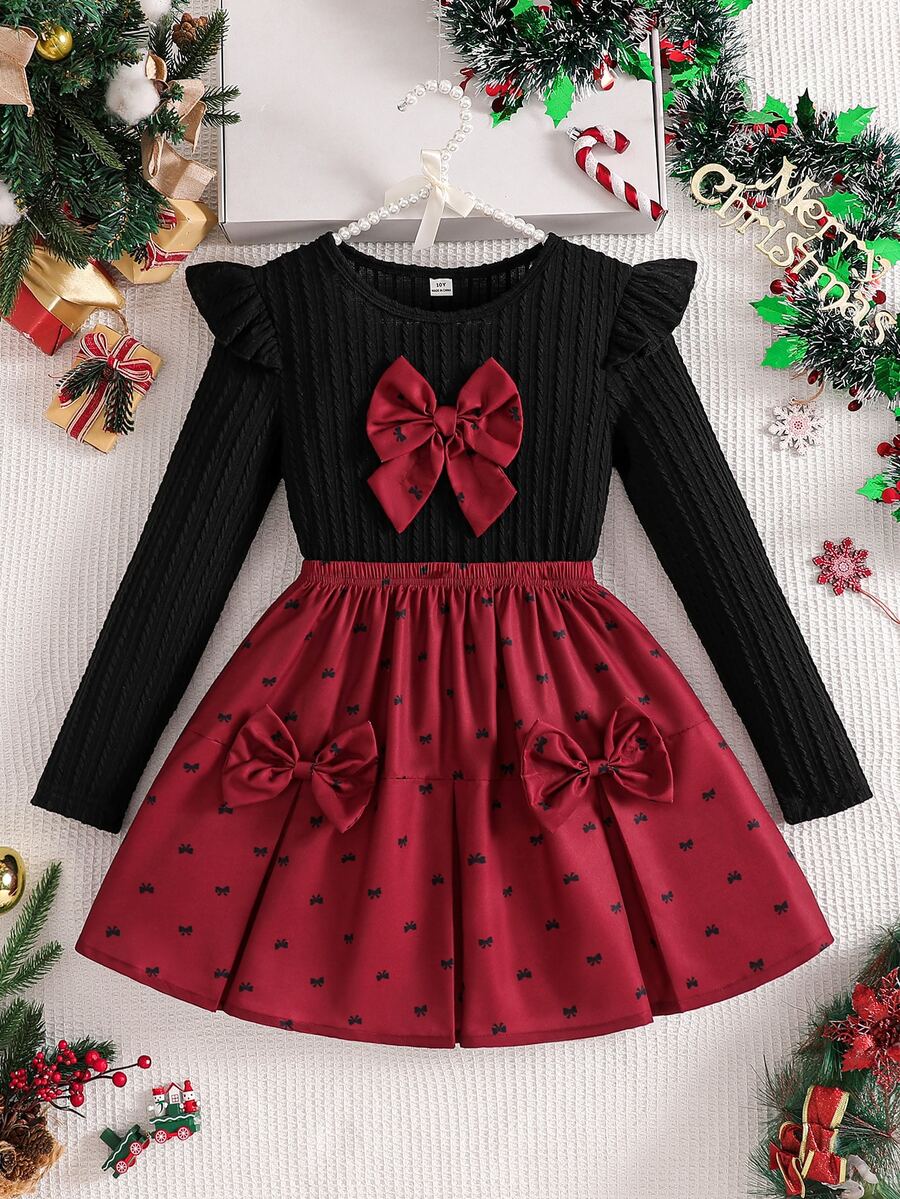 Girls' Autumn/Winter Set, Ribbed Top Paired With Plaid Bottom, Versatile Minimalist Fashion, Classic Bow Element Elegant Outfit - Black - View 1