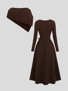 Sweetra Women's Solid Color Pleated Elegant Waist-Cinching Party Dress - Coffee - View 2