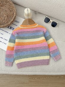 SHEIN 女嬰對比色彩虹條紋圓領落肩套頭毛衣，休閒百搭，適合秋冬穿著 - 淡紫色 - 查看 2